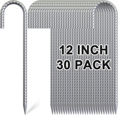 Rebar Stakes 12 Inch, 30 Pack Galvanized Metal Tent Stakes Heavy Duty Ground Stakes, J Hook Steel