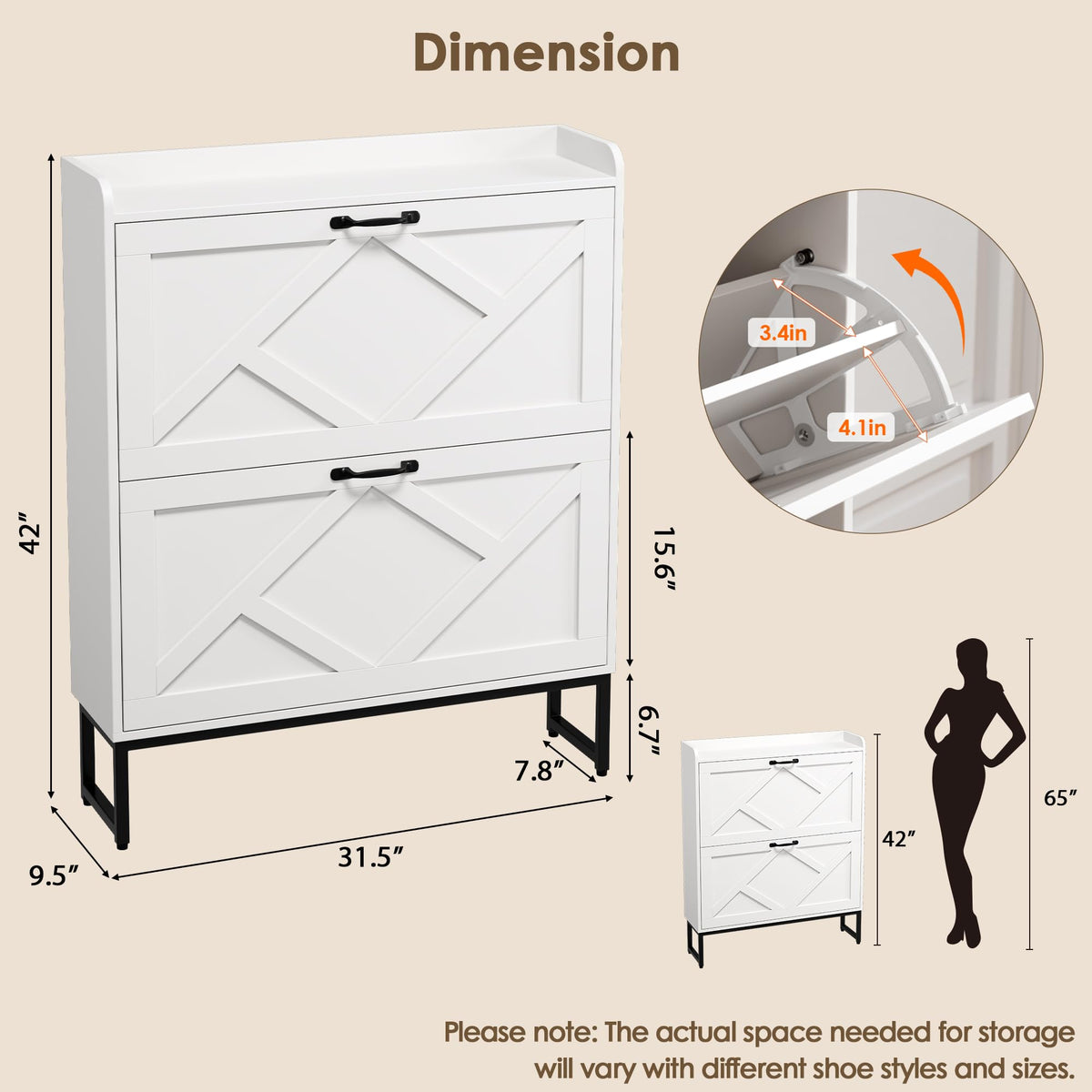 Nicetree Shoe Storage Cabinet with 2 Flip Drawers, Entryway Cabinet, White