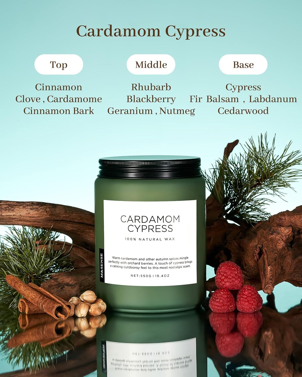 M&SENSE Spice Cardamom Cypress Large Soy Candles for Home Scented 2 Wick Large Soy Natural Candles