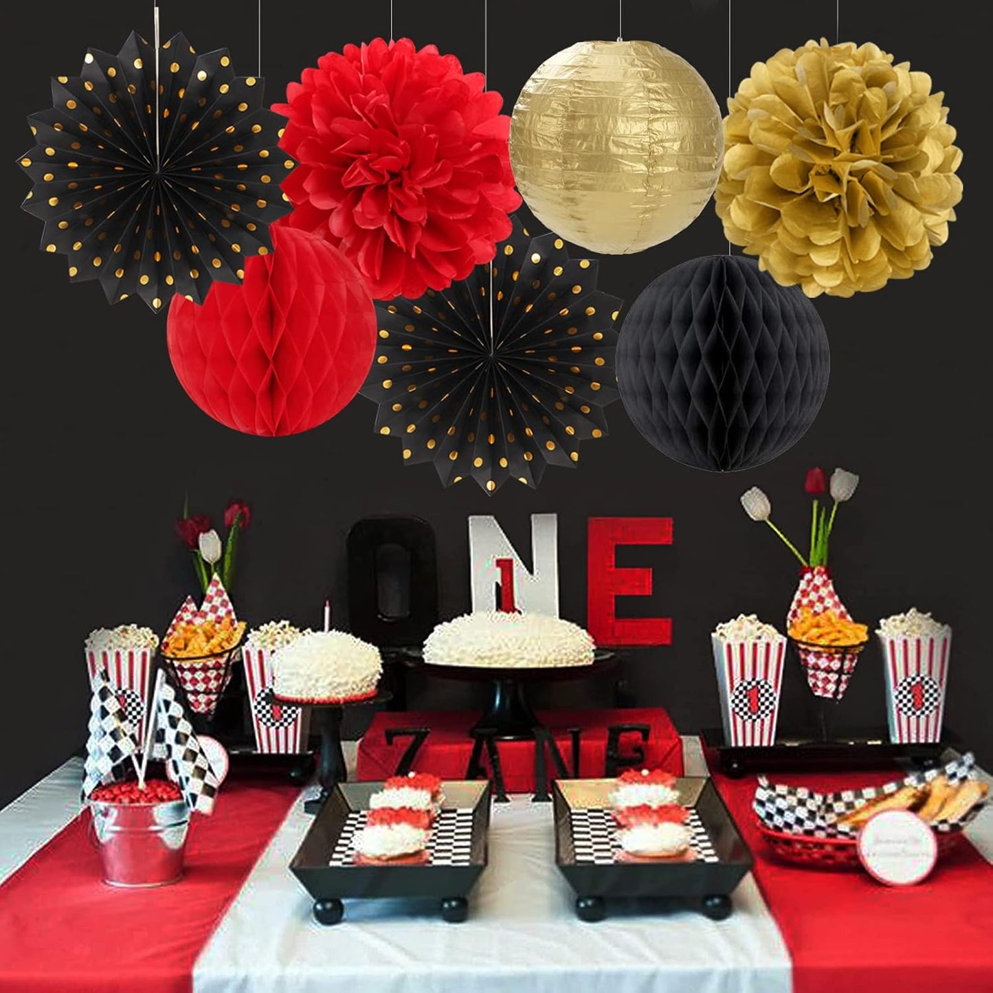 Red-Black Gold Party Decorations Streamers Lanterns - 14pcs Casino-Theme Graduation 2025 Paper