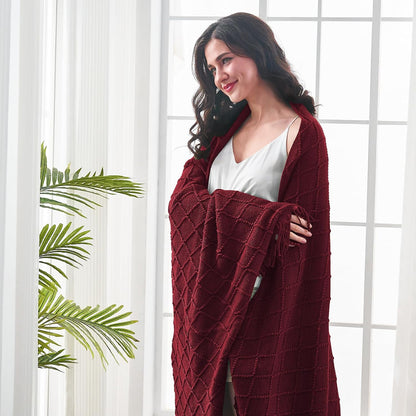 inhand Knitted Throw Blankets for Couch and Bed, Soft Cozy Knit Blanket with Tassel, Claret