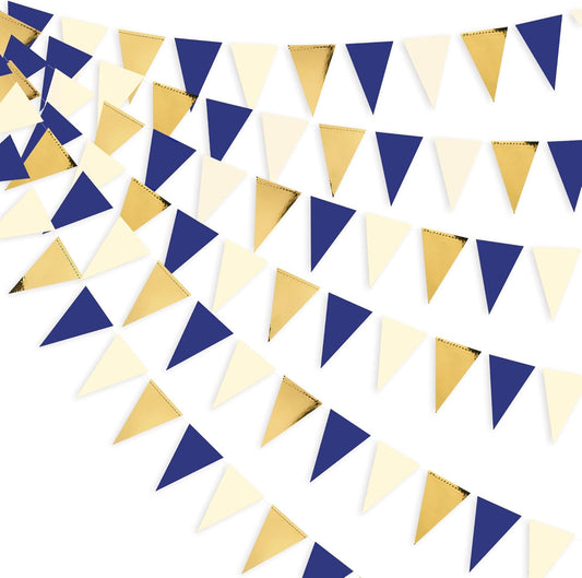 30Ft Navy Blue Gold and Beige Party Decorations Royal Blue Gold Triangle Flag Pennant Banner