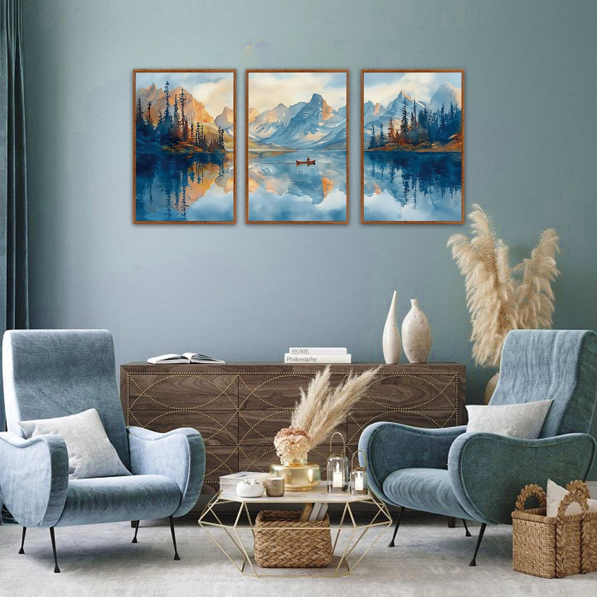 KAIRNE Framed Large Landscape Wall Art,Abstract Forest Prints Paintings,Watercolor Blue Mountain