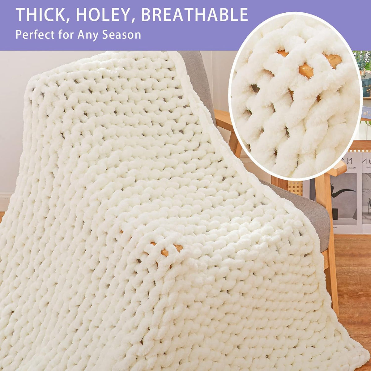 Bigacogo Chunky Knit Throw Blanket for Couch, 80x90 inches, 100% Hand Knitted with Thick Jumbo