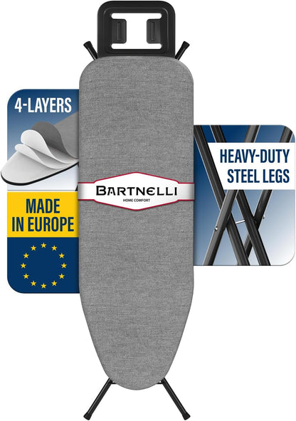 Bartnelli Ironing Board Made in Europe | Iron Board with 4 Layered Cover & Pad, Height Adjustable