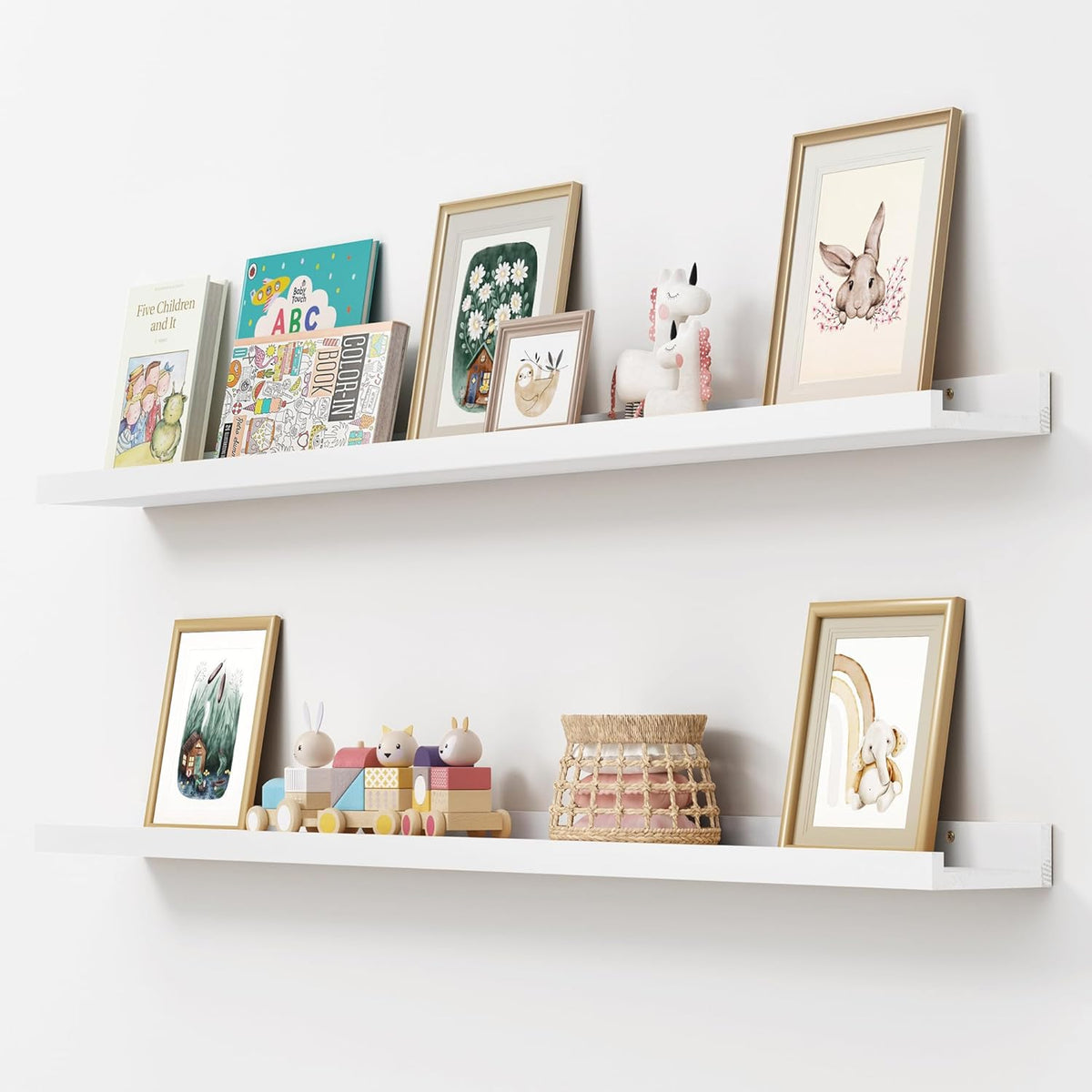 Picture Ledge Shelf, Floating Shelves Set of 2, Solid Pine Wood 55'' Long Large Nursery Book