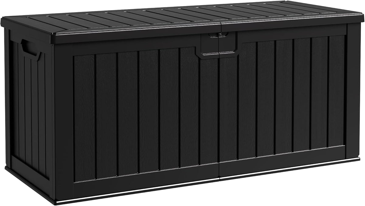 Flamaker Resin Deck Box 250 Gallon, Waterproof Imitation-Wood Lockable Storage Box with Separator