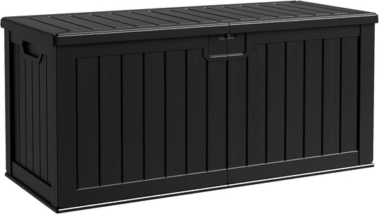 Flamaker Resin Deck Box 250 Gallon, Waterproof Imitation-Wood Lockable Storage Box with Separator