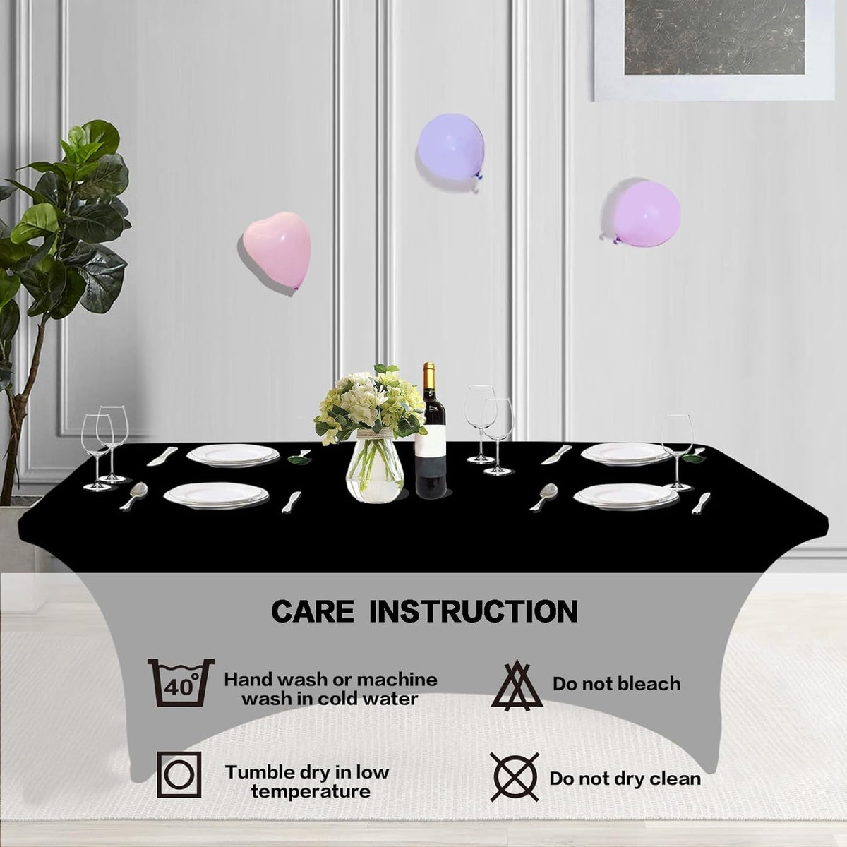 IVAPUPU 8FT Spring Table Cloth for Rectangular Fitted Events Stretch Black Table Covers Washable
