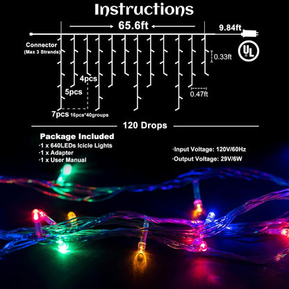 Icicle lights Outdoor - 66ft Christmas Lights with 640LED 120 Drops 8 Modes, Plug in Curtain String