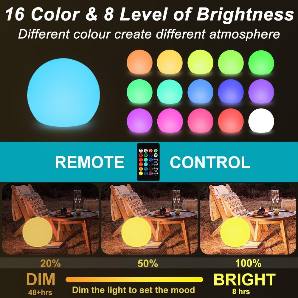 12 Inch Solar Glowing Ball Light Outdoor, Solar Garden Globe Light w/Remote, RGB Color Changing
