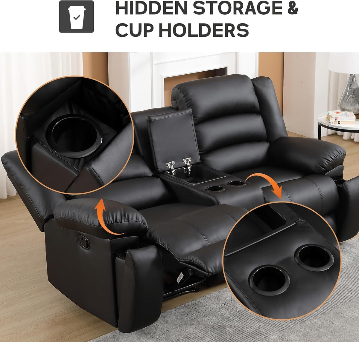 EBELLO Faux Leather Manual Loveseat Recliner, Reclining Sofa Chair with 2 Concealed Cup Holders