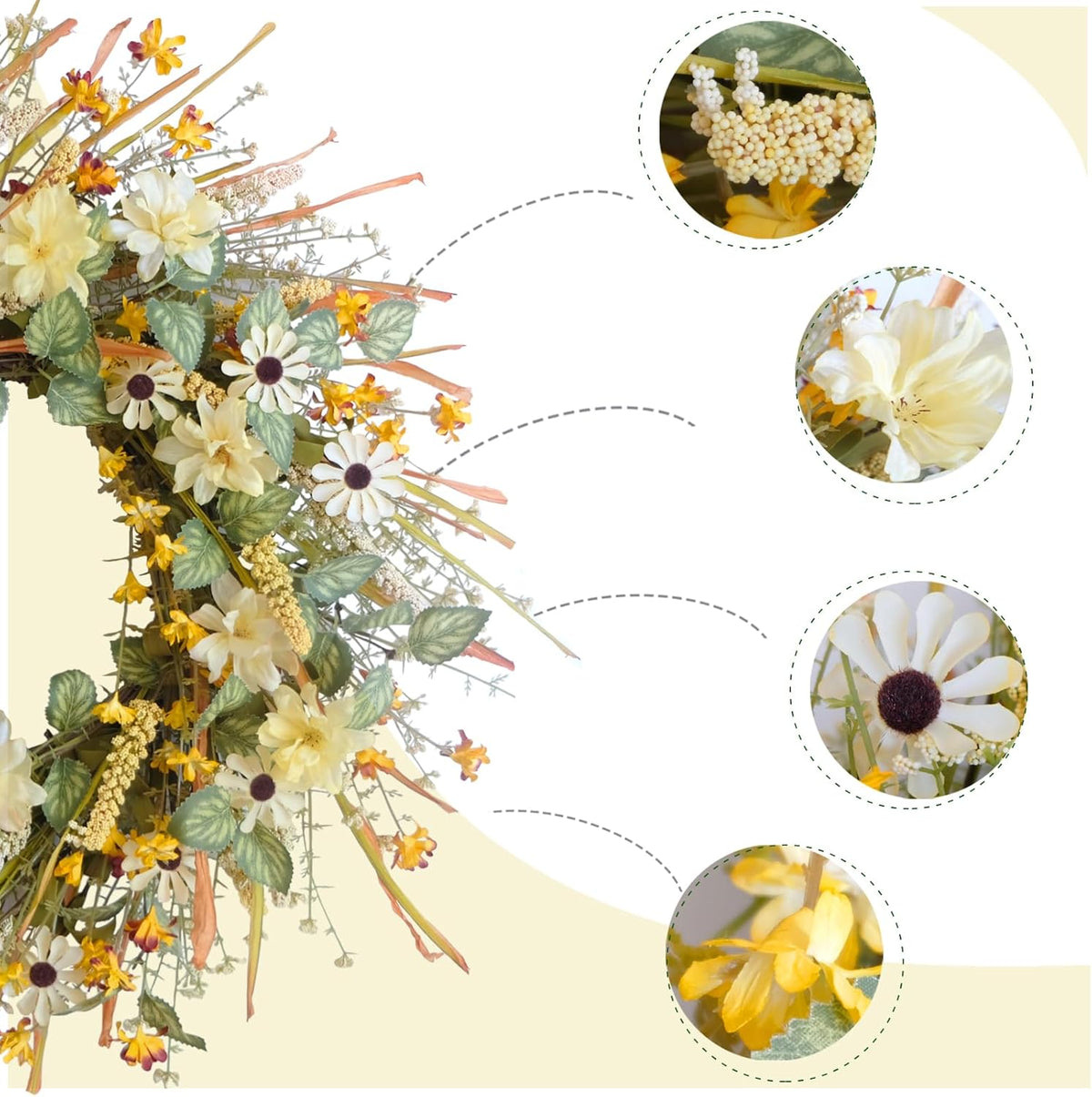 idyllic 20 Inches Spring Summer Front Door Wreath, Yellow and White Daisies Flowers, Ear of Wheat