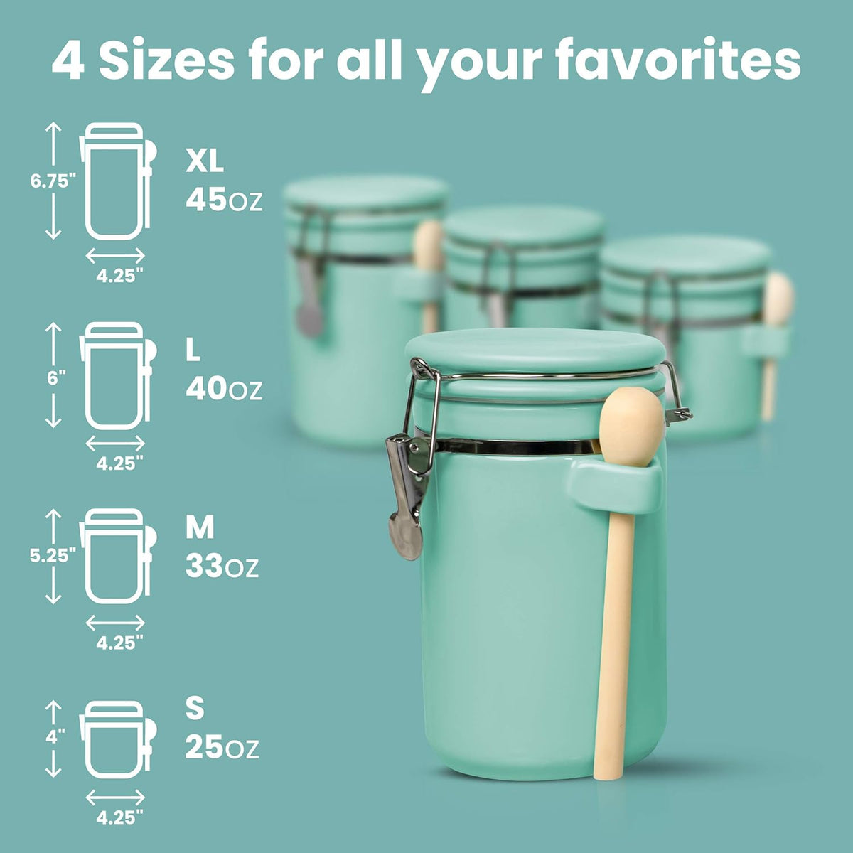 Home Intuition 4-Piece Ceramic Kitchen Canisters Set, Airtight Containers with Wooden Spoons