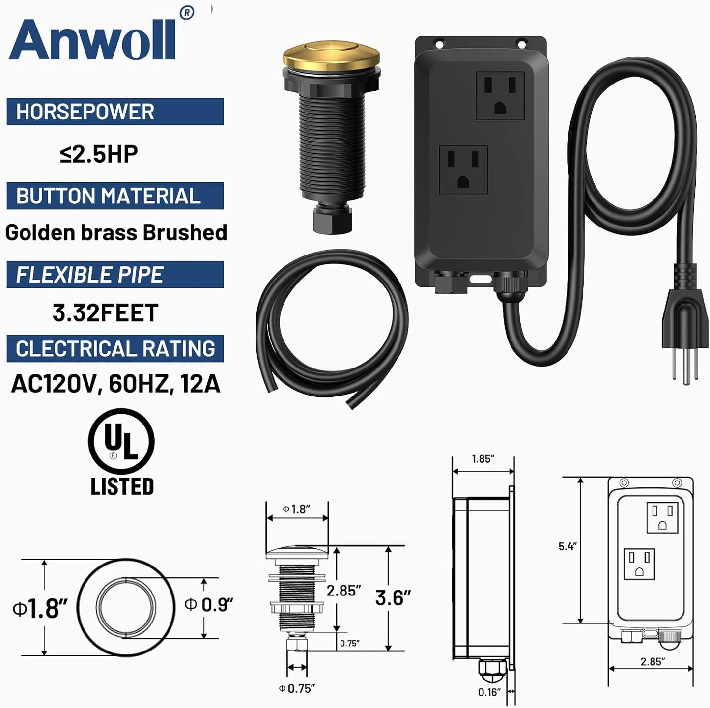 Garbage Disposal Air Switch Kit -Professional- Dual Outlet, Sink Top Waste Disposer On/Off, Garbage