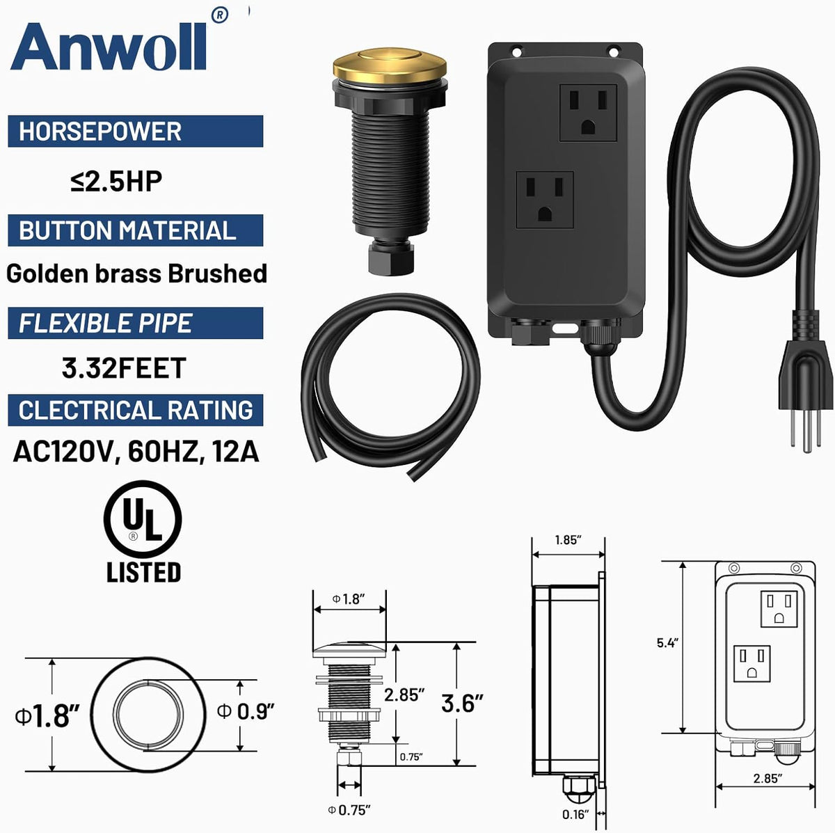 Garbage Disposal Air Switch Kit -Professional- Dual Outlet, Sink Top Waste Disposer On/Off, Garbage