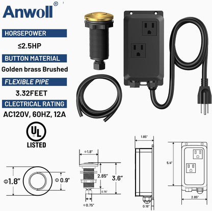 Garbage Disposal Air Switch Kit -Professional- Dual Outlet, Sink Top Waste Disposer On/Off, Garbage