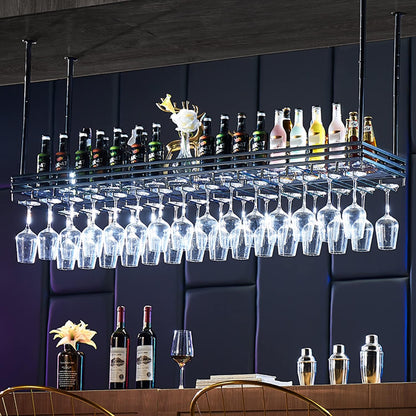 Ceiling Wine Hanger with Acrylic Board - Adjustable Iron Hanging Wine Glass and Bottle Rack