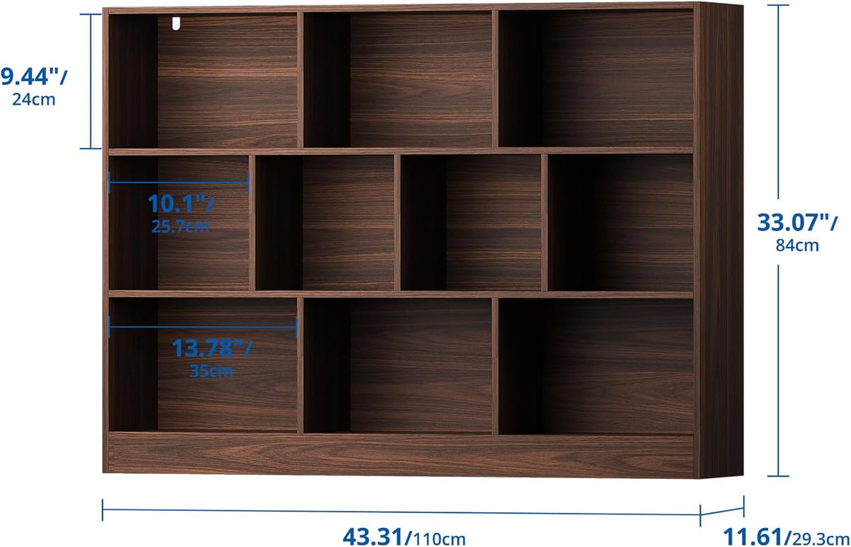 Cozy Castle Brown Bookshelf, 3-Tier Open Shelf Bookcase, 10 Cube Storage Organizer with Anti-Tilt