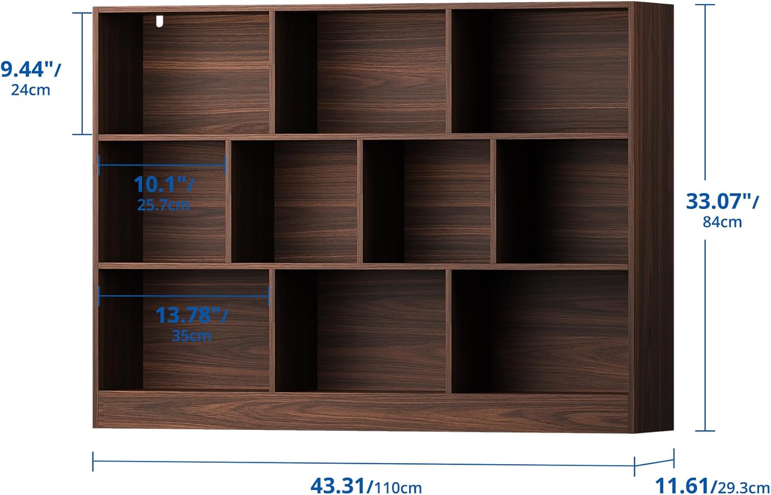 Cozy Castle Brown Bookshelf, 3-Tier Open Shelf Bookcase, 10 Cube Storage Organizer with Anti-Tilt