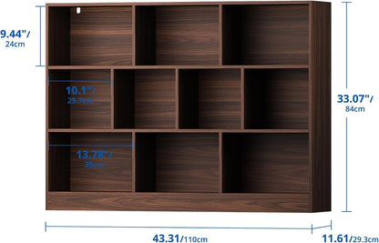 Cozy Castle Brown Bookshelf, 3-Tier Open Shelf Bookcase, 10 Cube Storage Organizer with Anti-Tilt
