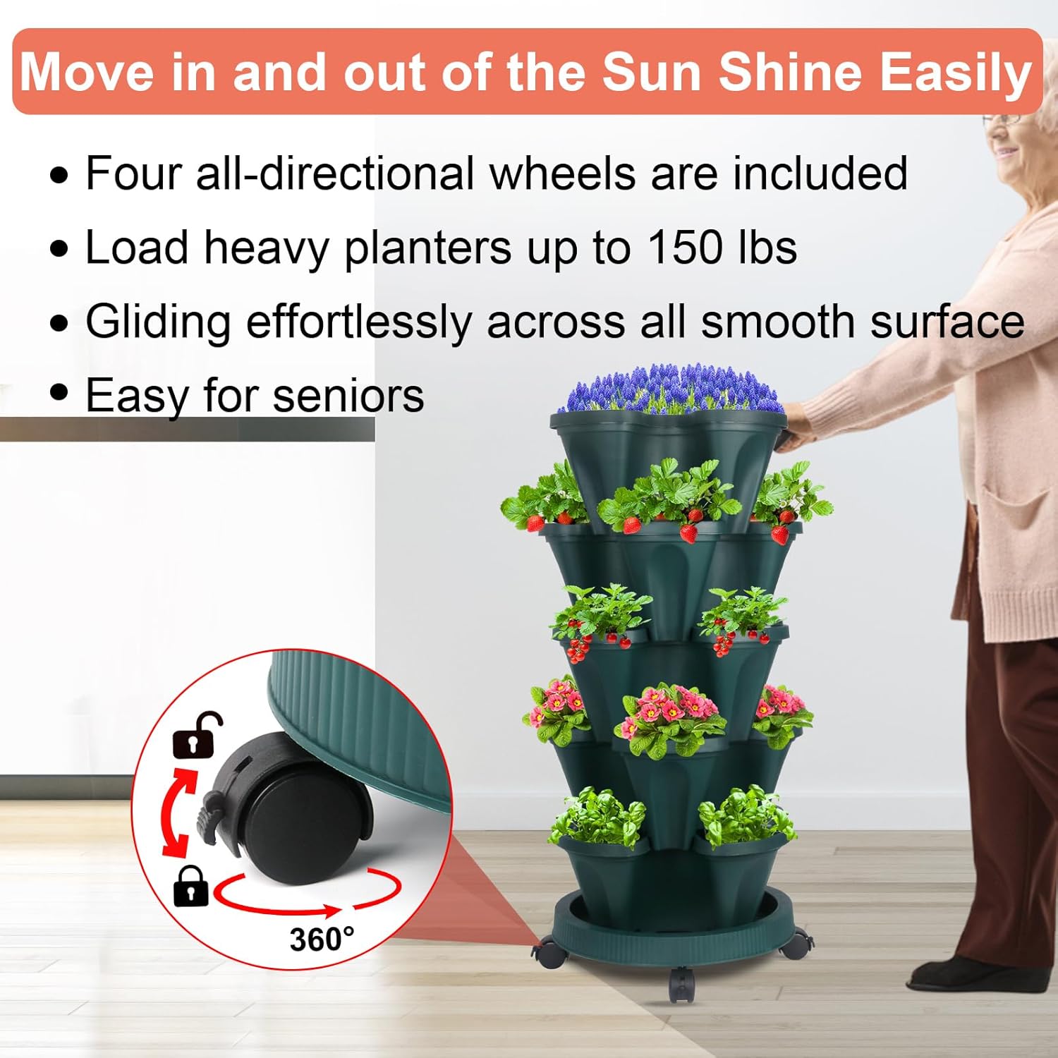 DUNCHATY Stackable Vertical Garden Planter with Wheels, 5 Tier Herb Planter Pots for Growing