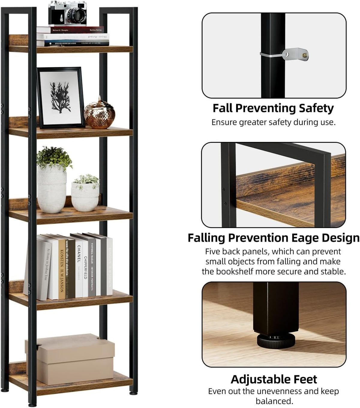 NUMENN Narrow Bookshelf, 5 Tier Bookshelves, Home Office Bookcase Shelf Storage Organizer, Free