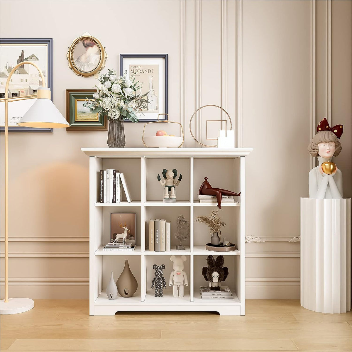Wooden Cube Shelf Bookcase - Modern 3 Tiers Floorstanding Open Bookshelf with Base for Home and
