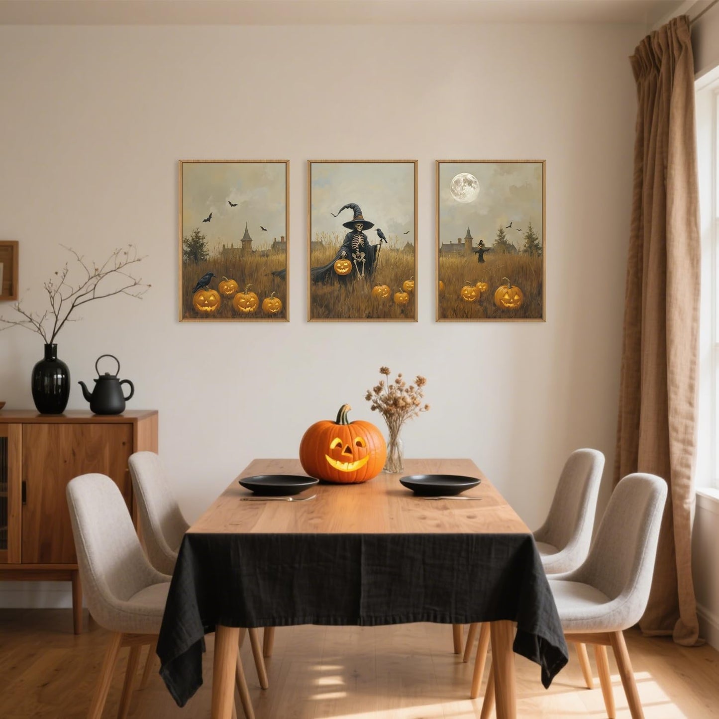 Celestdeco Halloween Ghost Reaper Framed Wall Art Set, Scary Witchy and Pumpkin Wall Decor, Horror