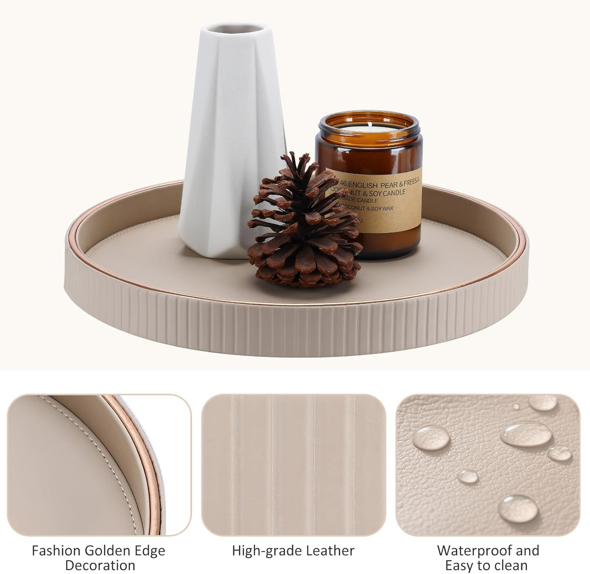 KINGFOM Decorative Serving Tray, PU Leather Valet Nightstand Desk Organizer for Men Women, Round