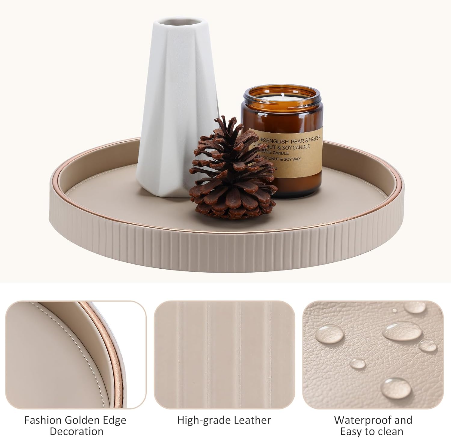 KINGFOM Decorative Serving Tray, PU Leather Valet Nightstand Desk Organizer for Men Women, Round