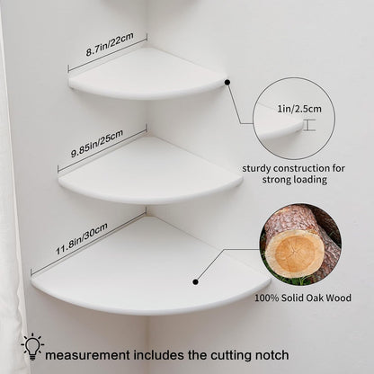 Corner Shelves, Floating Corner Shelf, Set of 3 Solid Oak Wood Corner Wall Shelves, Round End with