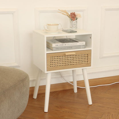 MaxSmeo Nightstand with Charging Station, Bedside Tables with Rattan Drawer, Mid Century Modern