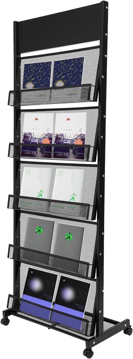 5-Tier Magazine Rack Floor Standing Brochure Display Stand with Universal Wheels & Brakes Metal