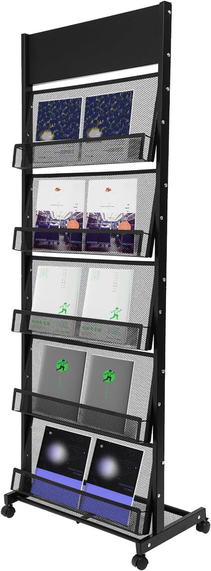 5-Tier Magazine Rack Floor Standing Brochure Display Stand with Universal Wheels & Brakes Metal