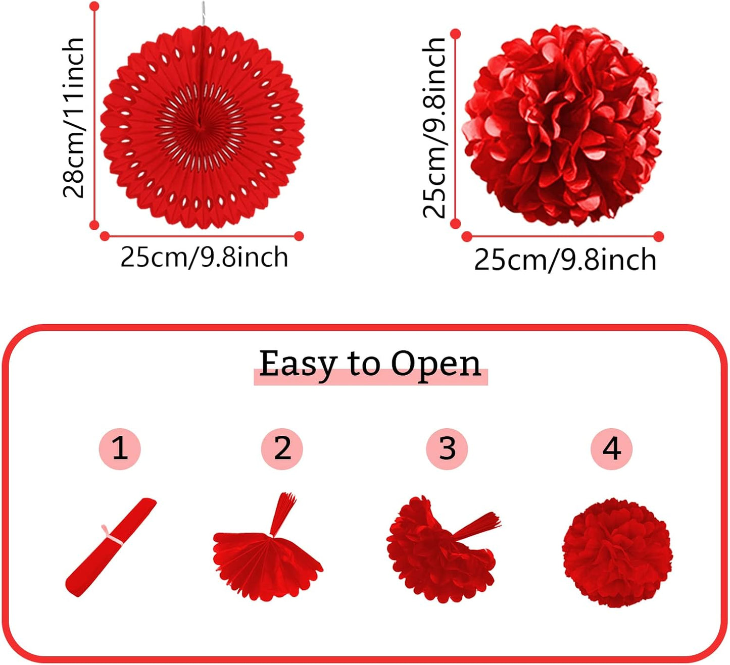 Red Party Decorations, Papar Fans Pompoms Fans Garlands for Birthday Bridal Baby Shower Wedding
