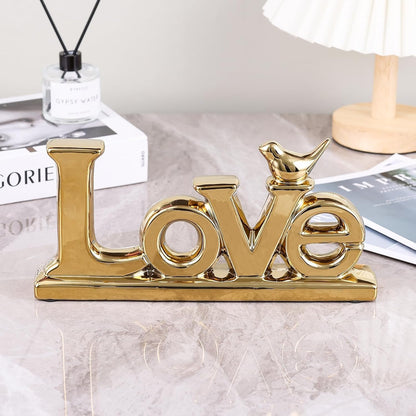 Gold Love Sign Statue - Personalized Home Decor, Bird Sculpture for Living Room, Bedroom, Desktop &