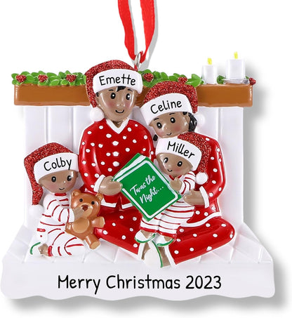 3D African American Pajama Family of 4 Christmas Ornament 2025 Personalized Family Christmas