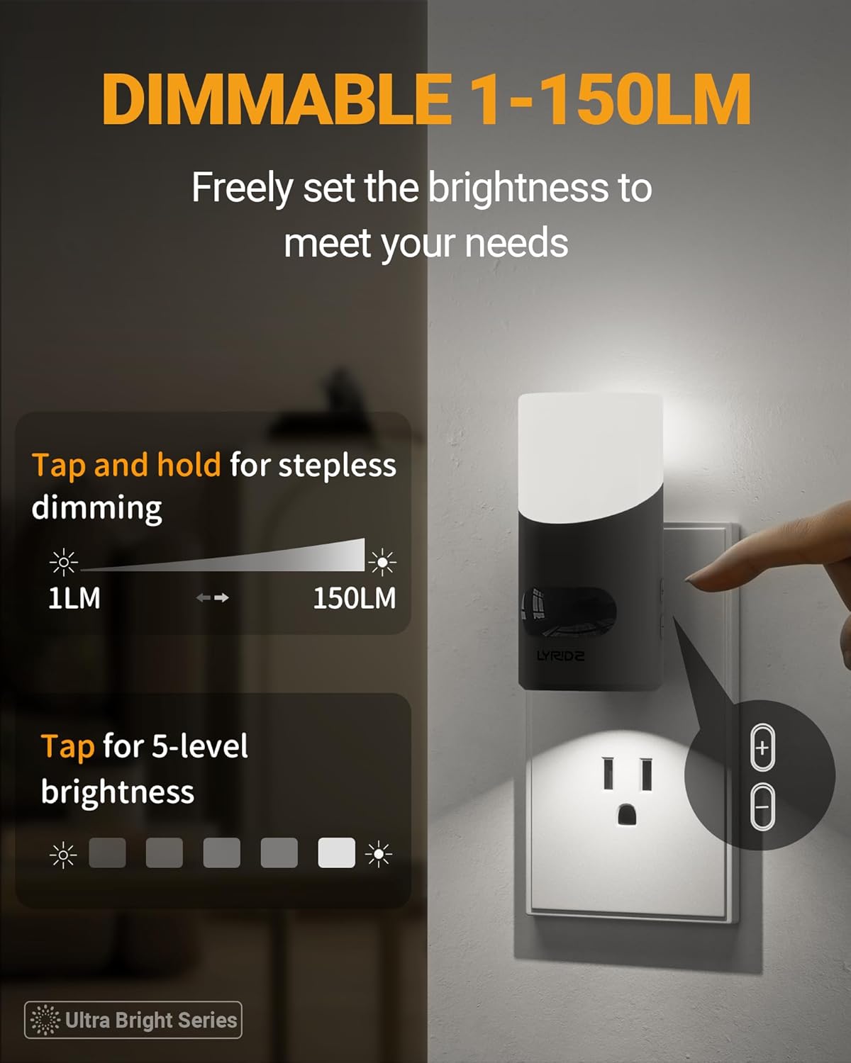 Lyridz Motion Sensor Night Light, LED Night Lights Plug into Wall, 1-150LM Dimmable Night Light