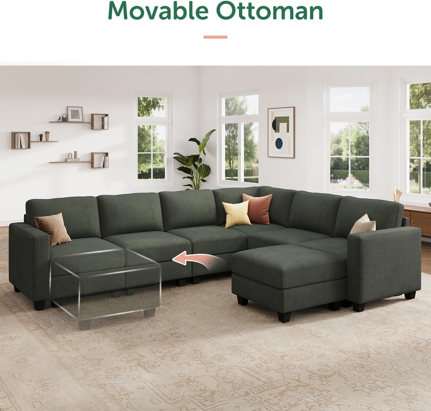 HONBAY Corduroy Sectional Sofa with Storage, U Shape Modular Sectional Sofa with Chaise, Modular
