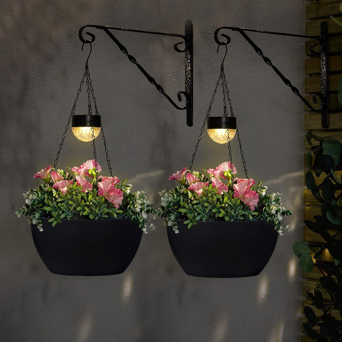 2 Packs Solar Hanging Basket Planters for Plants Outdoor, Self Watering Black Flower Plants Pots