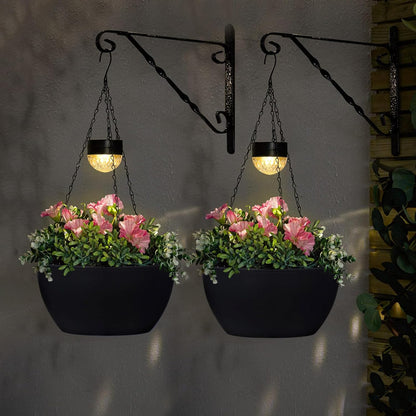 2 Packs Solar Hanging Basket Planters for Plants Outdoor, Self Watering Black Flower Plants Pots