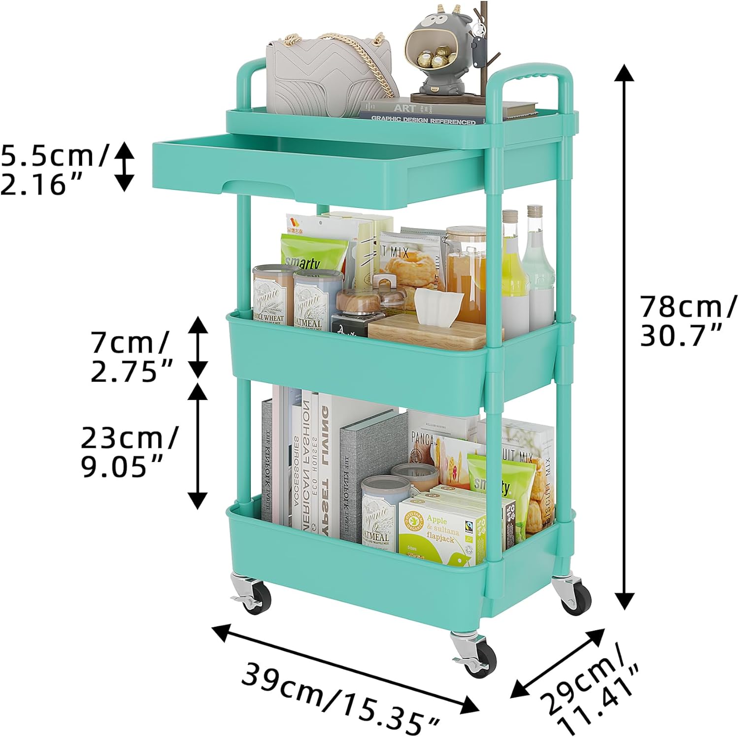 Calmootey 3-Tier Rolling Utility Cart with Drawer,Multifunctional Storage Organizer with Plastic