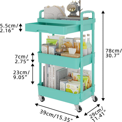Calmootey 3-Tier Rolling Utility Cart with Drawer,Multifunctional Storage Organizer with Plastic