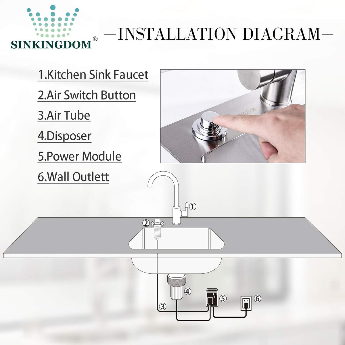 SinkTop Air Switch Kit (Long Full Brass Button) for Disposal, Dual Outlet, (Chrome)