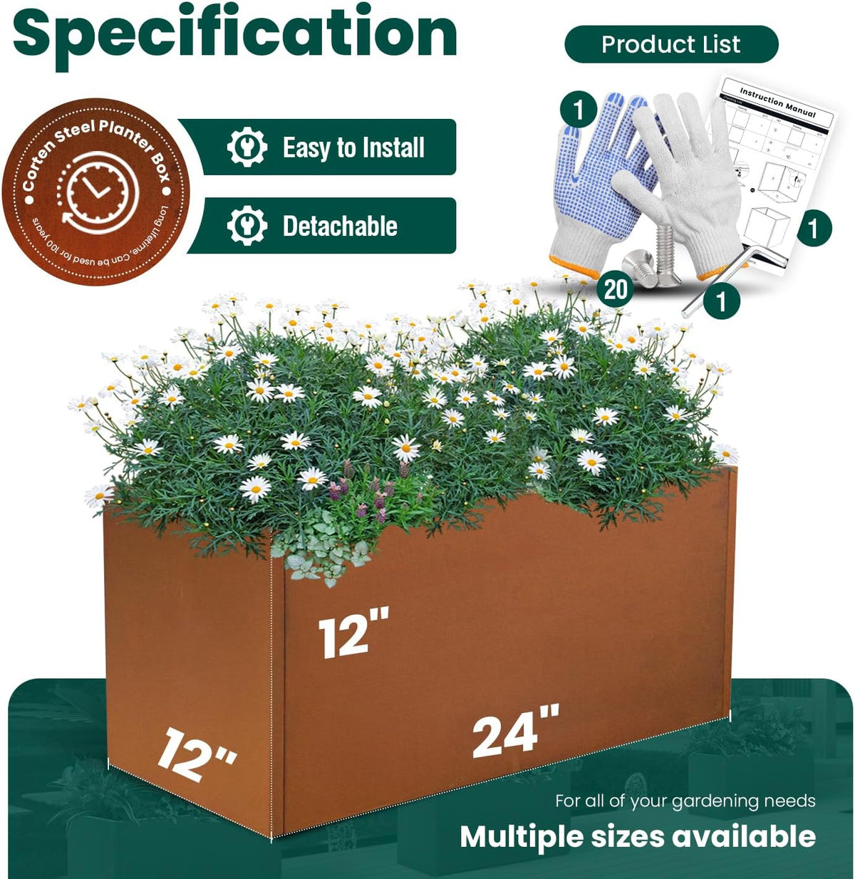 Corten Steel Planter Box Metal Outdoor Large Rectangular Rustic Durable Antique Detached for