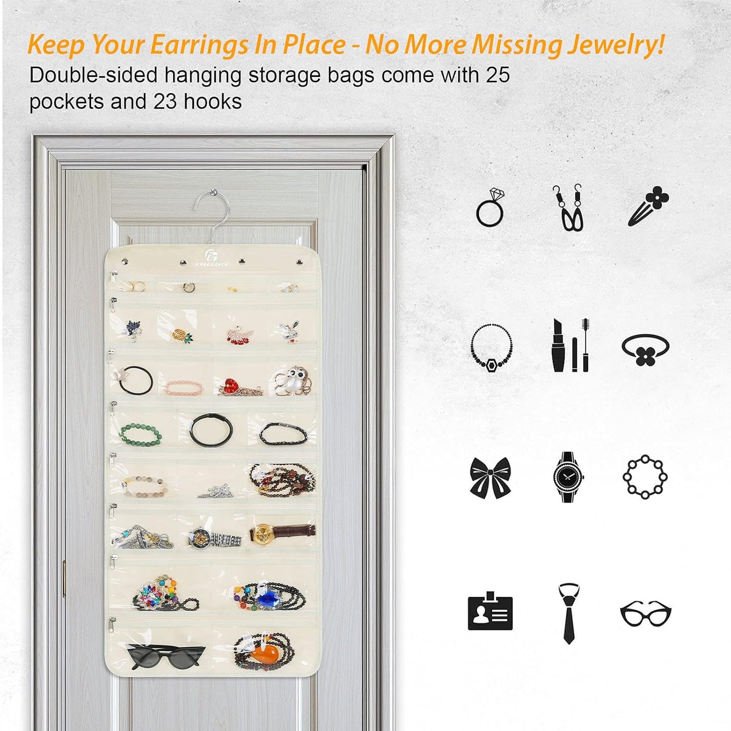Freegrace Hanging Jewelry Organizer Revolving Hanger - Secure Zipper Closure - 25 Pockets,23 Hooks