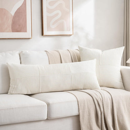 Fancy Homi Set of 2 Cream White Boho Long Lumbar Body Decorative Throw Pillow Cover 14x36 Inch for