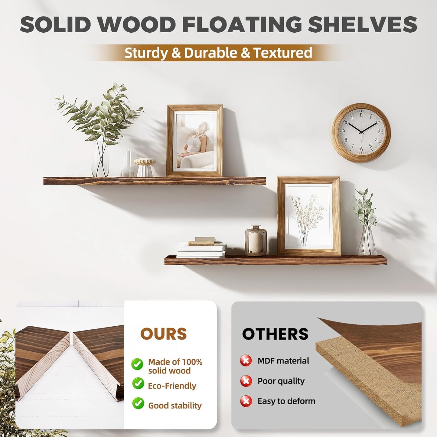 36"x6.8"x1.2" Solid Wood Floating Shelves 2-Pack - Rustic Brown Finish with Hidden Brackets