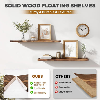 36"x6.8"x1.2" Solid Wood Floating Shelves 2-Pack - Rustic Brown Finish with Hidden Brackets